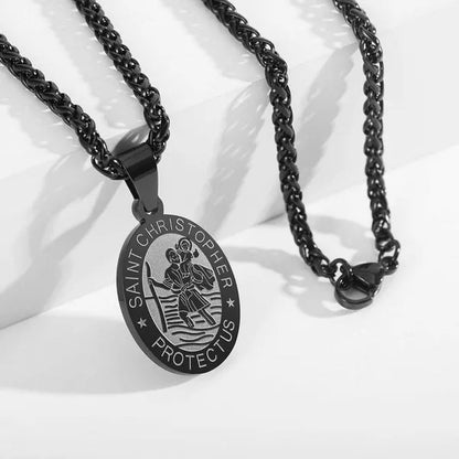Religious Catholicism Amulet Oval Saint Christopher Necklace for Men Women, 316L Stainless Titanium Steel Catholic Patron Saint of Travellers St Christopher Pendant with Chain 23.6 Inches Black / Silver / Gold