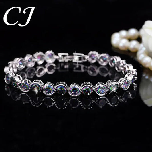 CANDICE Amazing S Shaped with Round Genuine Mystic Rainbow Crystal Stone Women Bracelet Solid Sterling Silver Plated