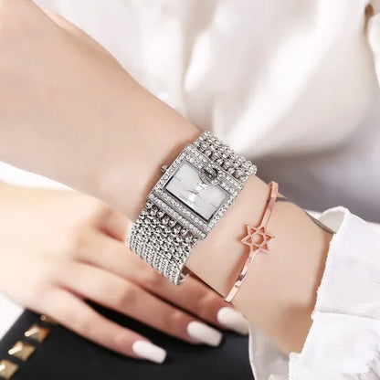 Lucky Bracelets Luxury Ladies Wrist Watch Fashion Full Diamond Gold Stainless Steel Rectangular Female Quartz Watch