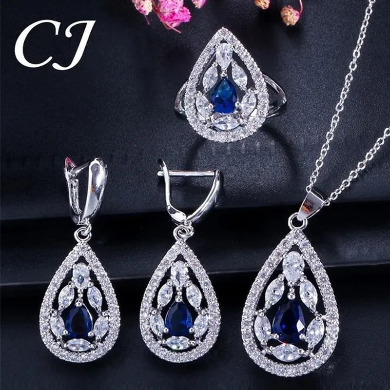 CANDICE Women's Sterling Silver Plated Jewelry Set Summer New Fashion Blue Zircon Necklace Pendant Earrings Ring（US 7-9)