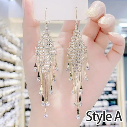 Fashion Women Clear Rhinestone Long Tassel Earrings 925 Silver Needle Temperament Earring Luxury Lady Party Drop Earrings