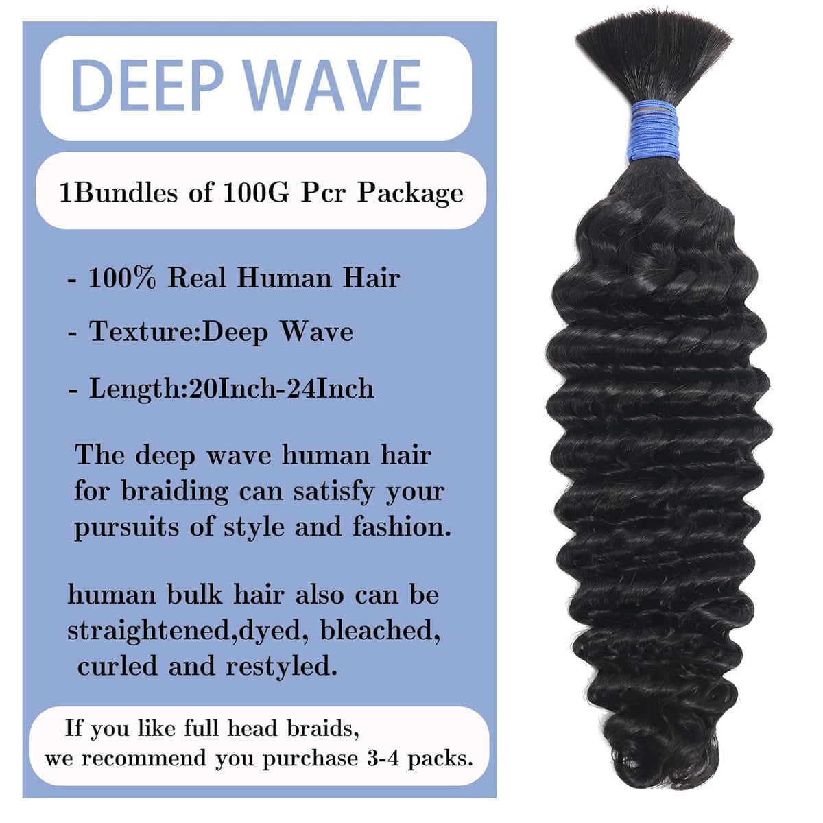 Deep Wave Bulk Human Hair for Braiding No Weft 100G (One Bundles) 100% Unprocessed Brazilian Virgin Human Hair Extensions Human Braiding Hair for Micro Braids Wet and Wavy Curly Deep Bulk 18 Inch