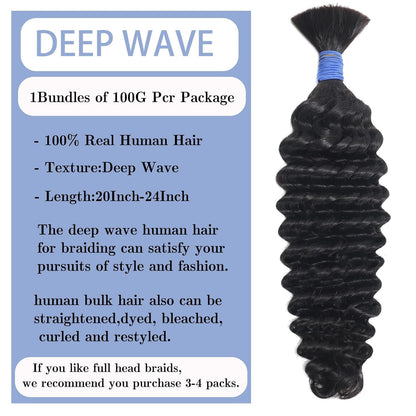 Deep Wave Bulk Human Hair for Braiding No Weft 100G (One Bundles) 100% Unprocessed Brazilian Virgin Human Hair Extensions Human Braiding Hair for Micro Braids Wet and Wavy Curly Deep Bulk 18 Inch