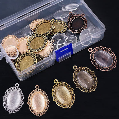 70Pcs Oval Pendant Set, 35Pcs 5 Colors Pendant Trays and 35 Pieces Bright Glass Cabochon Dome Tiles for Bracelet Necklace Crafting DIY Jewelry Gift Making