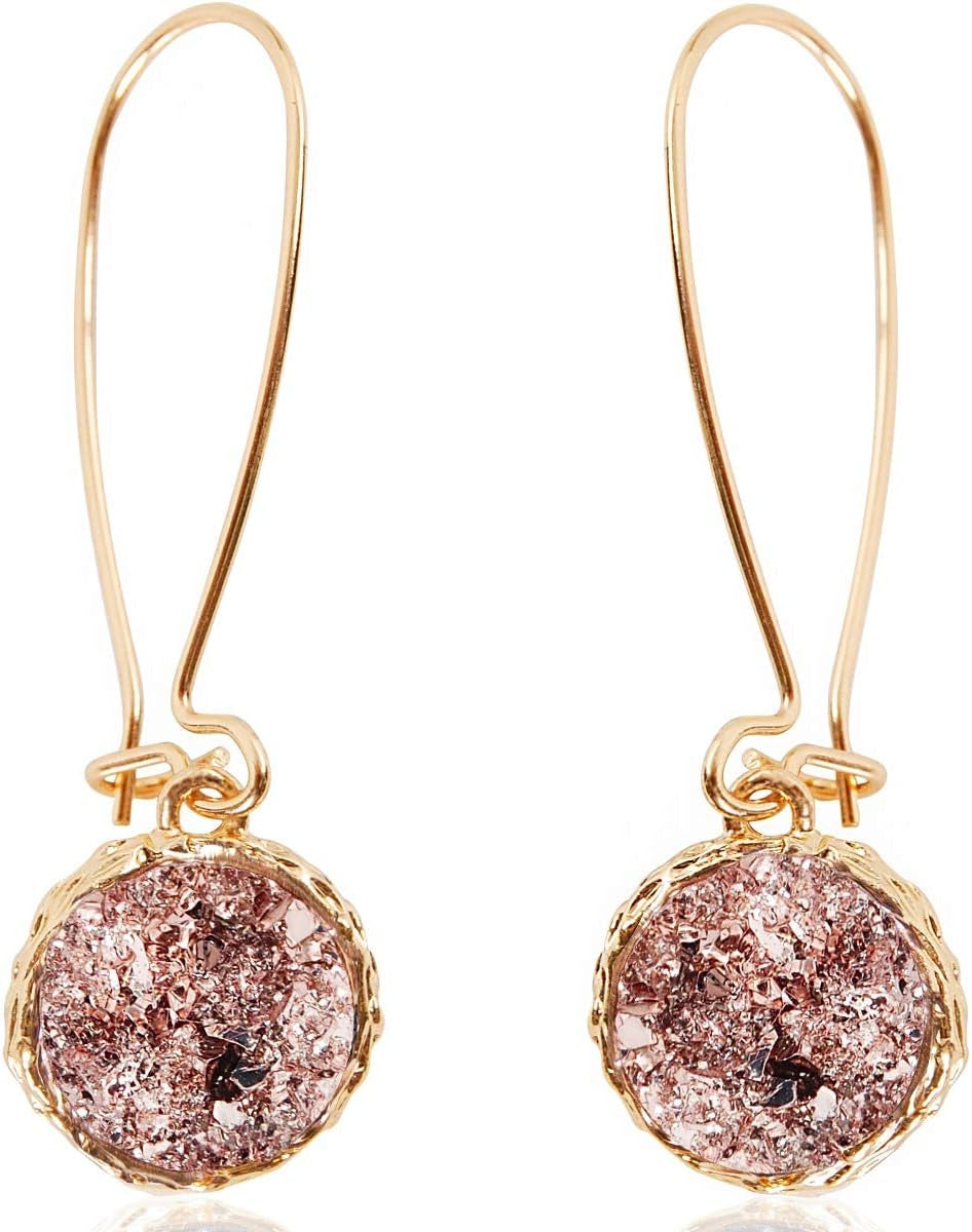 Humble Chic Simulated Druzy Threader Drop Earrings for Women - Gold, Silver, or Rose Gold Tone Trendy Boho Dangles with Sparkly Round Stone