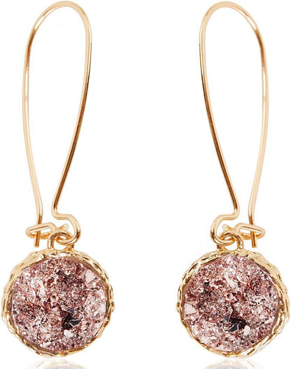Humble Chic Simulated Druzy Threader Drop Earrings for Women - Gold, Silver, or Rose Gold Tone Trendy Boho Dangles with Sparkly Round Stone