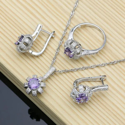 Natural Purple Amethyst 925 Silver Jewelry Set Sky White Topaz Gemstone Clip Earrings Pendant Ring Bracelet for Women