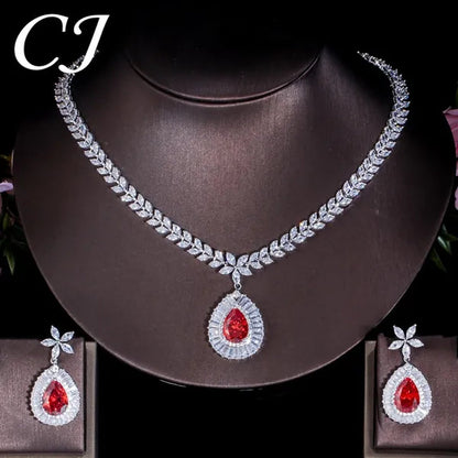 CANDICE Luxury Bridal Red CZ Stone Costume Jewelry Sets Pear Drop Red Zirconia Party Necklace Earrings Set For Women Wedding