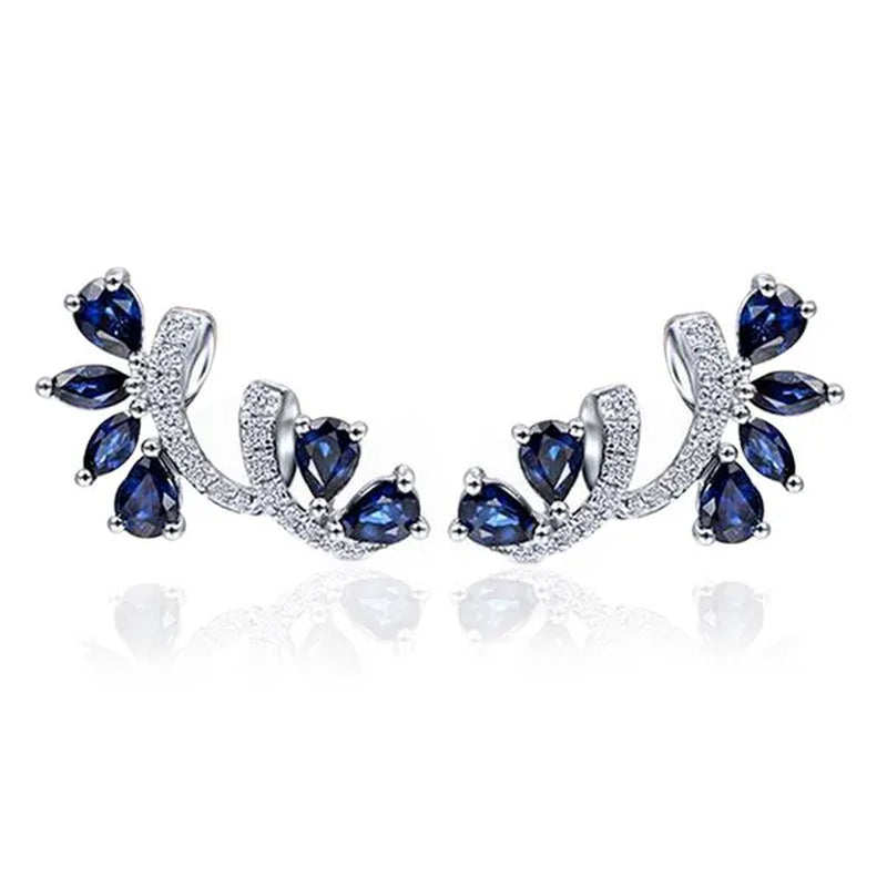 Trendy Women Climbing Earrings Cubic Zirconia Blue Sapphire Earrings Bridal Wedding Flower Earrings Valentine's Day Gift