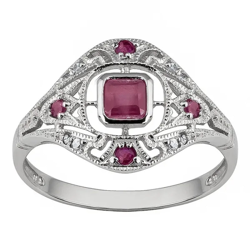 10k White Gold Vintage Style Genuine Ruby and Diamond Ring
