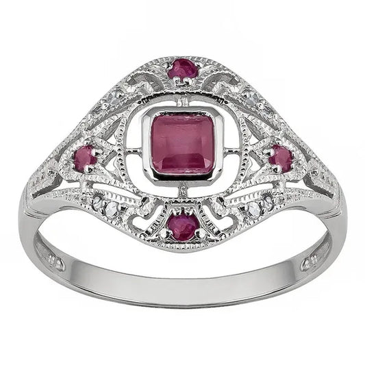 10k White Gold Vintage Style Genuine Ruby and Diamond Ring