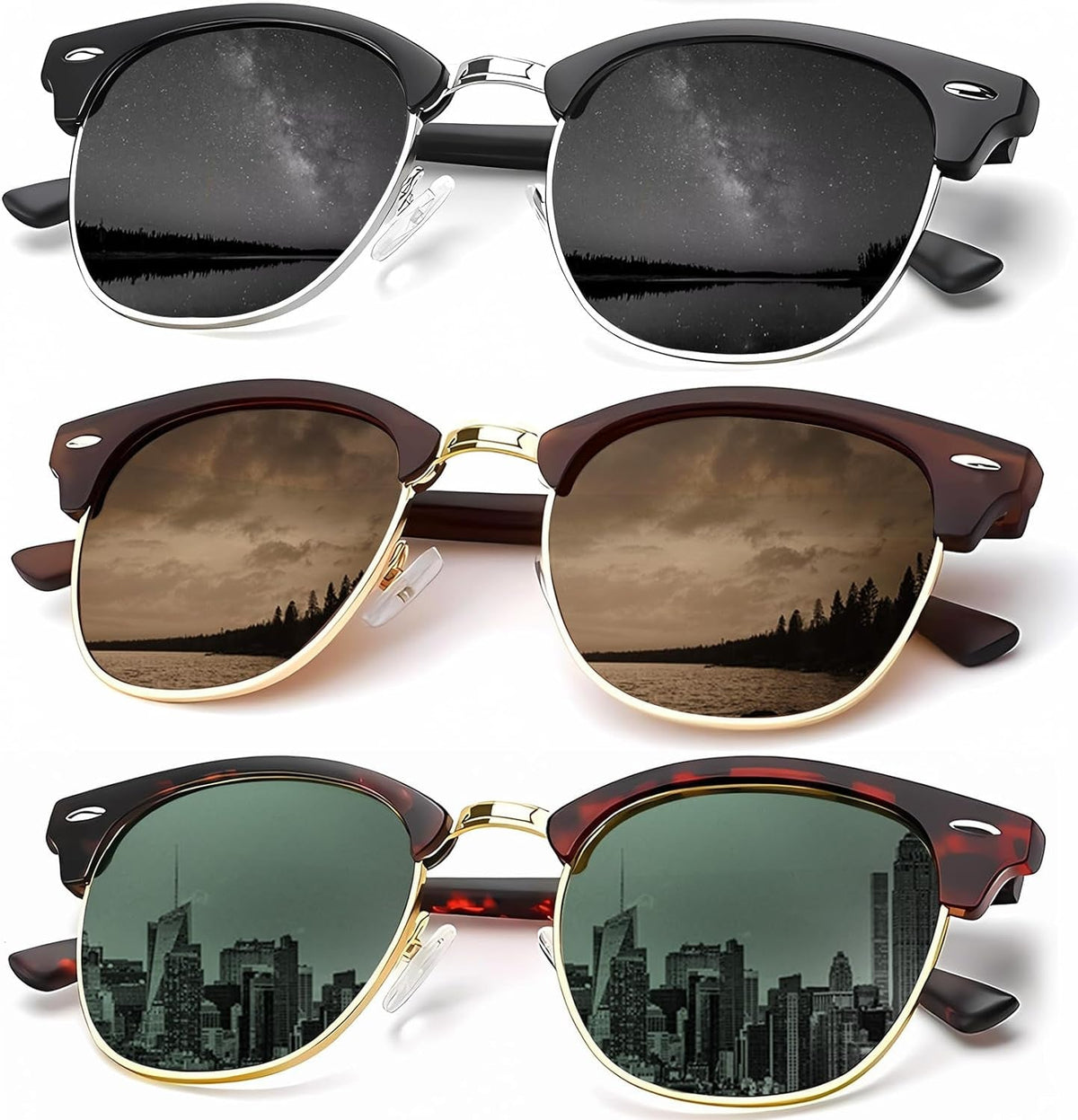 Sunglasses Men Polarized Sunglasses for Men Women Unisex Semi-Rimless Frame Retro Driving Sun Glasses UV Blocking