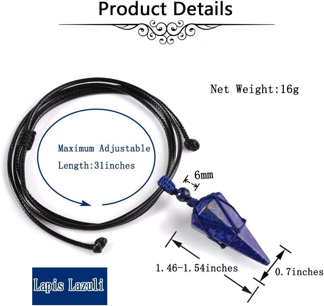 Lapis Lazuli Necklace Blue Quartz Crystal Dowsing Pendulum Divination Healing Necklace Cord Adjustable,Gemstone Hexagonal Pointed Cone Reiki Chakra Pendant