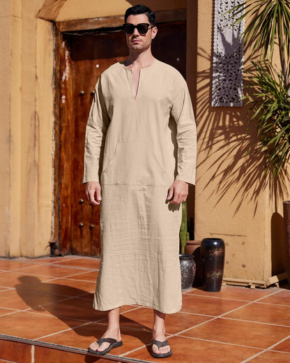 Men'S Kaftan Thobe Long Sleeve Men Thobe Robe Side Split Men Thobe with Pockets Casual Thobe