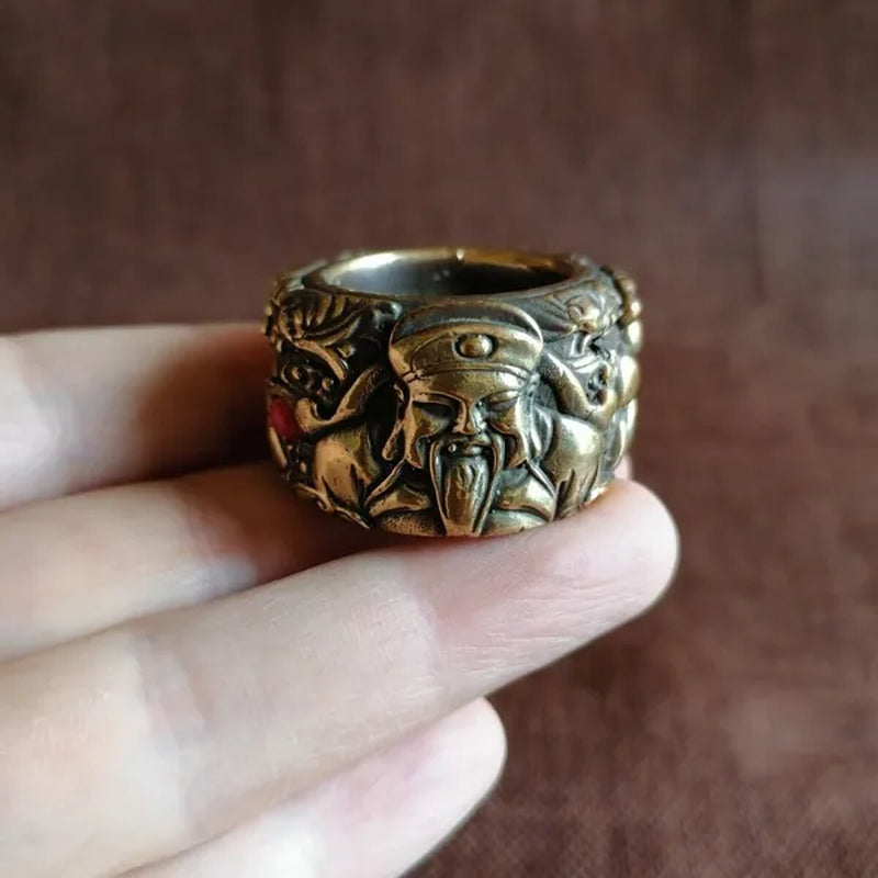 Solid brass Fu Lu Shou finger ornaments embossed retro inlaid ruby copper finger wenwan antiques