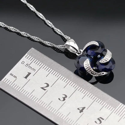 Delightful 925 Sliver Jewelry Sets Blue Zircon  Necklace Pendant Earring Ring Bracelet For Women  Dating Gift