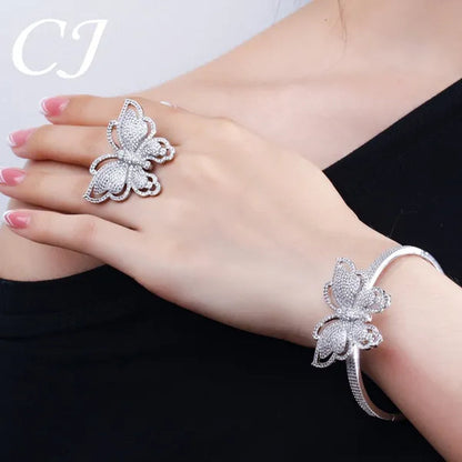 CANDICE High Quality Rose White Gold Plated Full Pave Tiny Crystal Stone Big Butterfly Shape Ring and Bangle Bracelet Party Jewelry Set for Women Christmas Gift