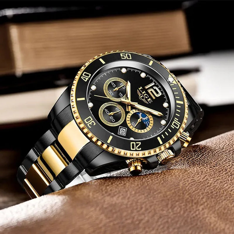 LIGE Luxury Elegant Stainless Steel Quartz Watches 3 ATM Waterproof Mens Wristwatch