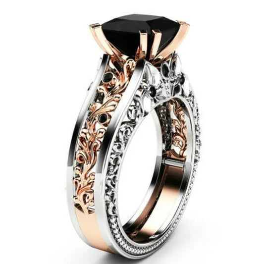 Princess Black  Stone Engagement Ring Rose 925 Sterling Silver Wedding Bridal Rings size 5-12
