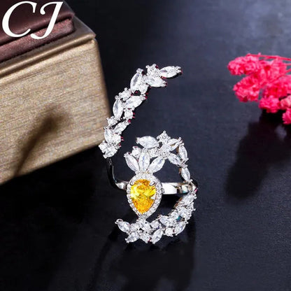 CANDICE Designer Women Wedding Band Finger Jewelry Luxury White Gold Plated Inlaid Shiny AAA Zirconia with Yellow Waterdrop Stone Opening Adjustable Ring for Bride