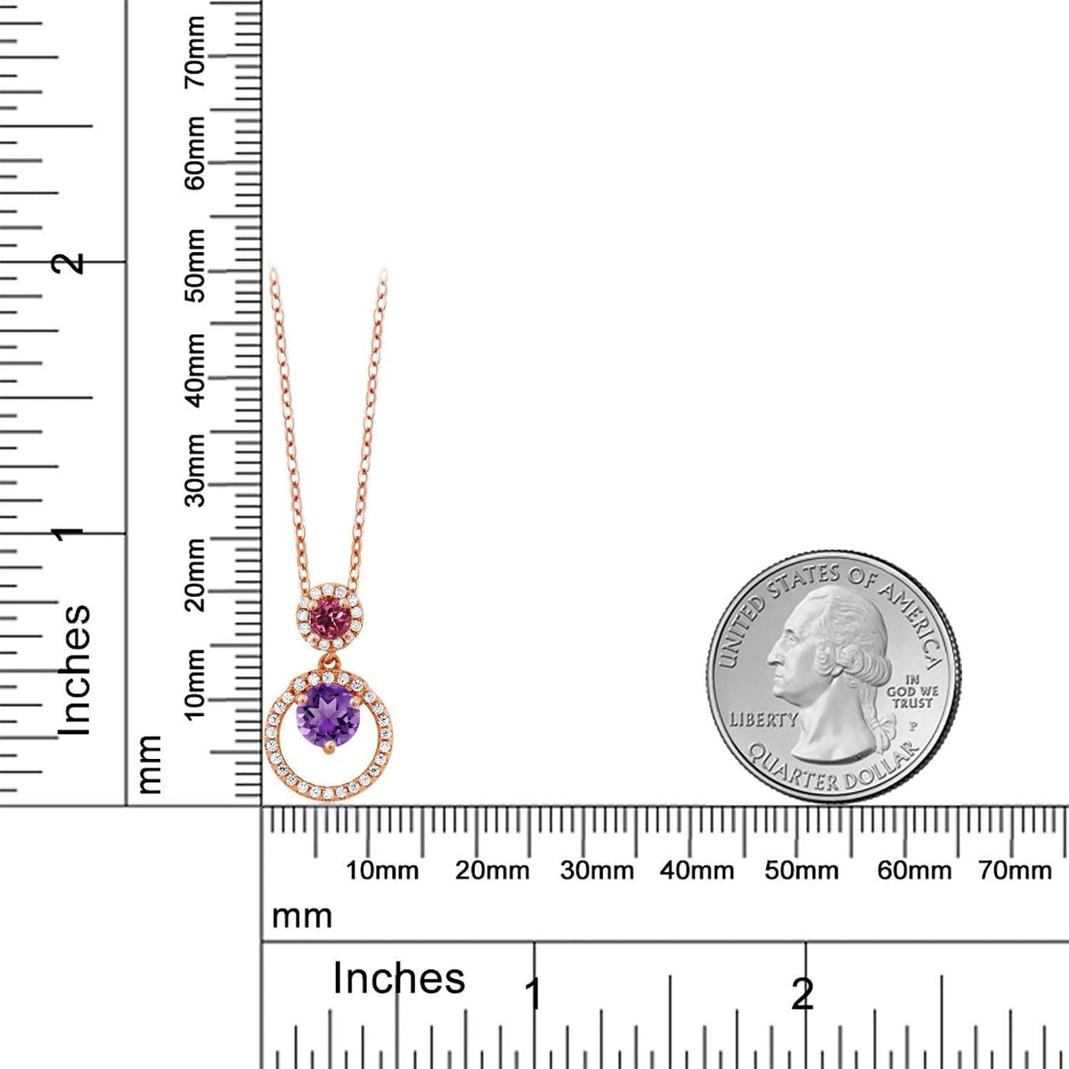 18K Rose Gold Plated Silver Purple Amethyst and Pink Tourmaline Pendant Necklace for Women (1.85 Cttw, Gemstone February Birthstone, round 6MM and 4MM)