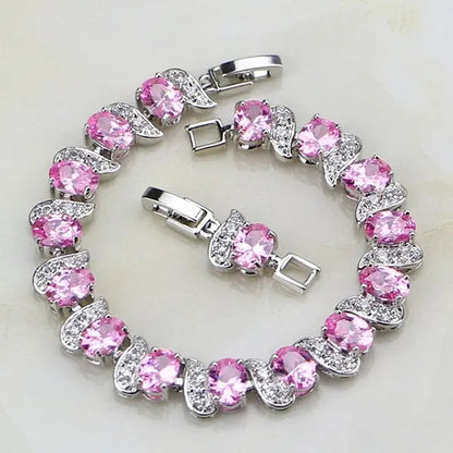 925 Sterling Silver Jewelry Pink Zircon Stones Chain & Link Charm Bracelet Christmas Gifts For Women