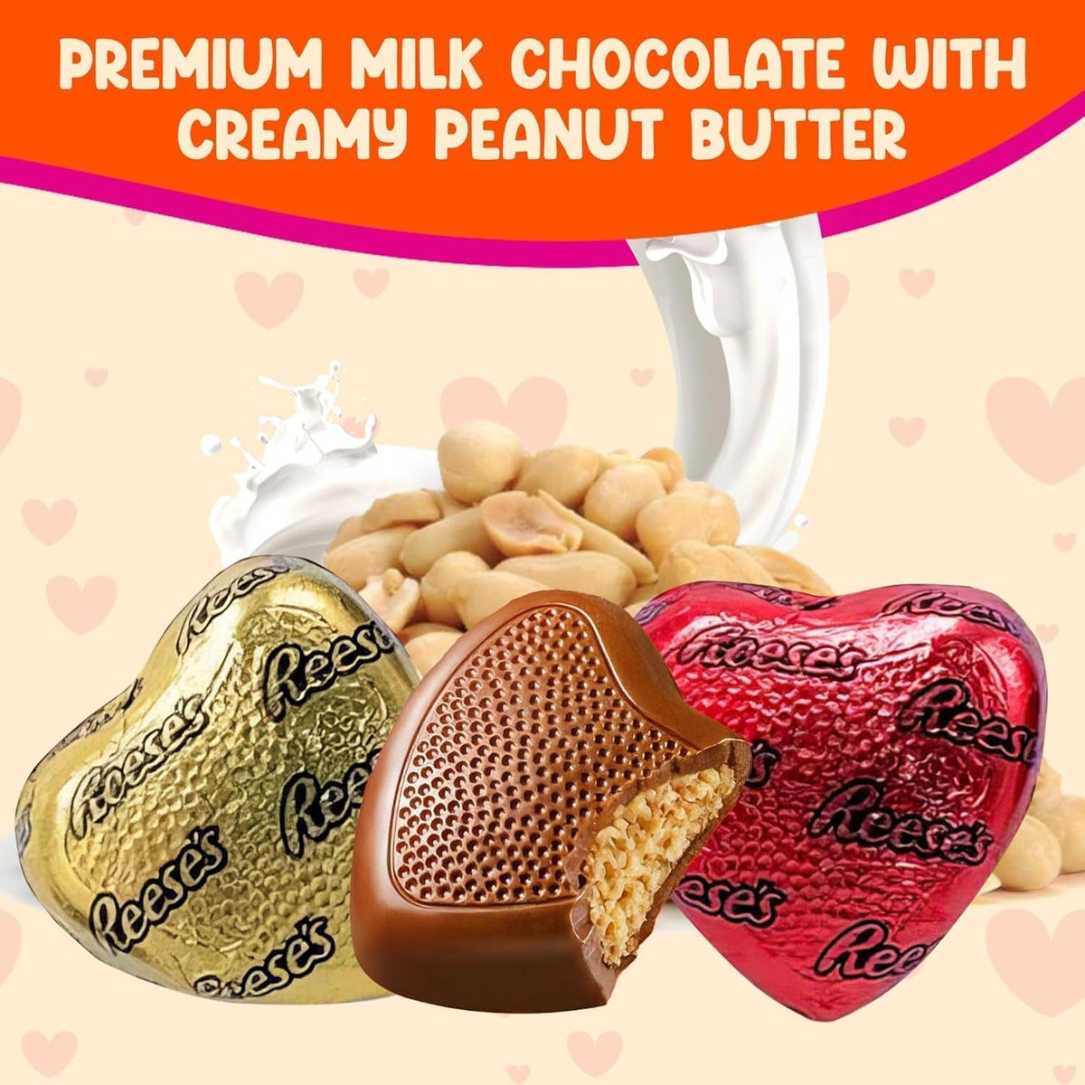 Reeces Peanut Butter Hearts Chocolate Bulk - 2 Pounds Approx 80 Hearts Gold & Red Foil - Individually Wrapped Candy Snacks - Milk Chocolate Reeces Peanut Butter Hearts - Perfect Chocolate Gift - Snacks for Adults and Kids, Ideal for Chocolate Gift Basket