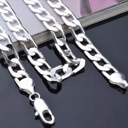 High Quality 925 Sterling Silver 12MM Width Male Jewelry 925 Solid Silver Fashion Jewelry Men Curb Chain Necklace Bracelet 8-30 inches