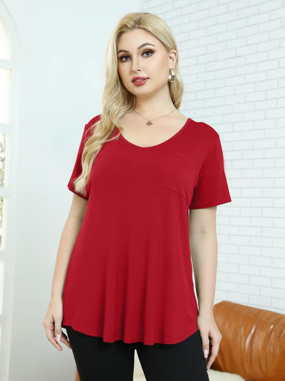 Women plus Size V-Neck Tunic Tops Loose T Shirt with Pocket