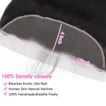 Straight HD Lace Frontal 13X4 Human Hair 18 Inch Free Part Hand Tied 150% Density Ear to Ear Pre Plucked with Baby Hair Natural Color