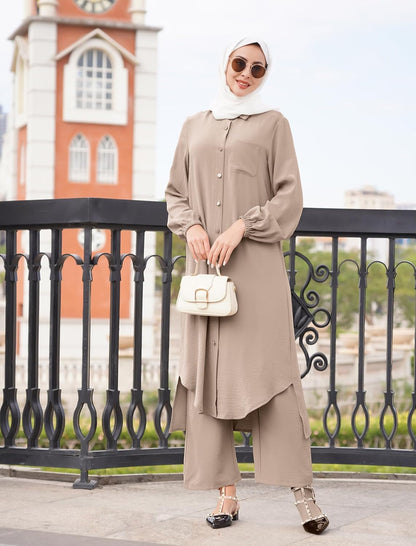 Abayas for Women Muslim Long Sleeve Button Shirt and Pants 2 Pieces Sets Dubai Islamic Prayer Casual Ramadan Outfits
