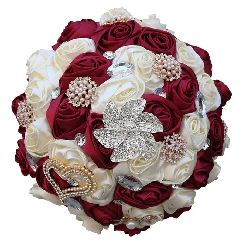 21CM Silk Rose Wedding Flower Bouquet Pearl Rhinestone Brooch Bouquet Bride Bridesmaid Holding Flowers Wedding Party Shooting Props