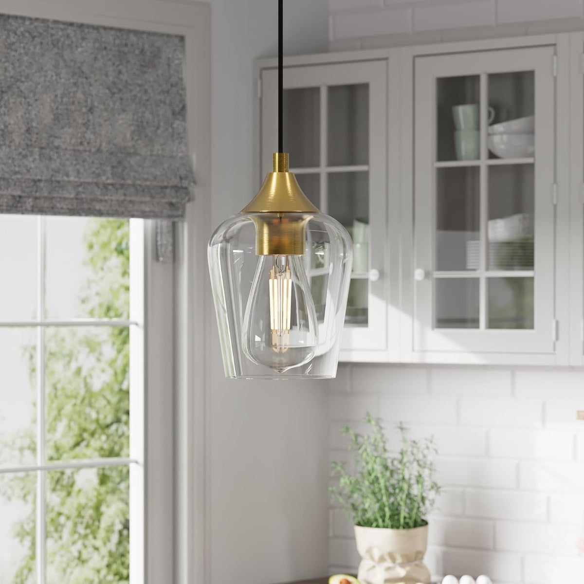 Pendant Light Kitchen Island, Brushed Gold Pendant Light Fixture with E26 Base & Adjustable Cable, Modern Pendant Lighting with Glass Shade for Living Room Bedroom Hallway