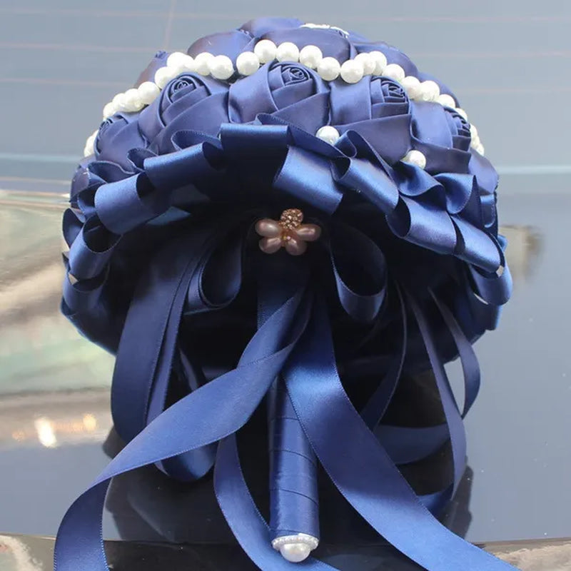18CM Dark Blue Wedding Bouquet Pearl Diamond Brooch Bride Holding Flowers Artificial Silk Rose Bridesmaid Flower Bouquet Fake Flower