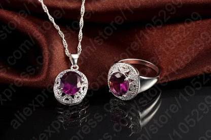 Amethyst Crystal Pendant Necklace Earrings Ring Cubic Zircon Trendy Party 925 Sterling Silver Jewelry Sets Women New Design