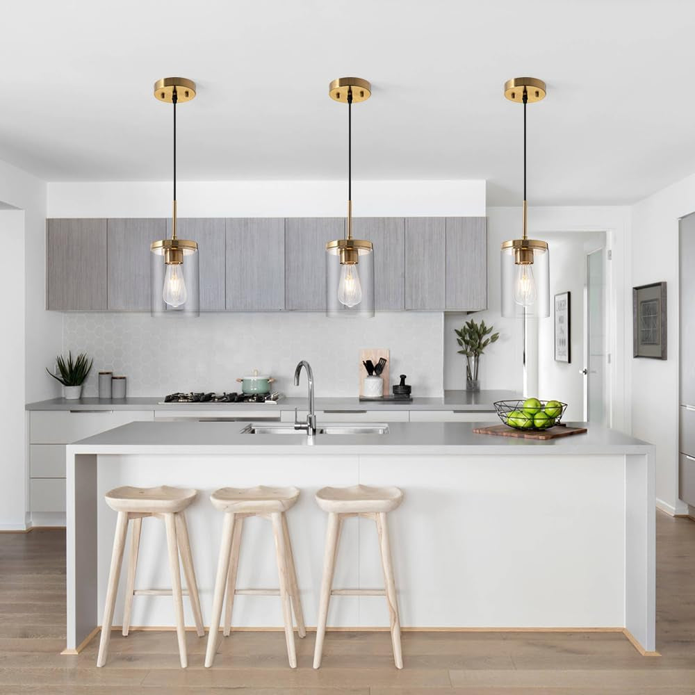 Gold Pendant Light Fixtures,5 Inch Globe Pendant Lights Kitchen Island with Clear Glass,Hanging Lights for Kitchen Island, Dining Room, Bedroom, Hallway, Farmhouse - 2 Pack
