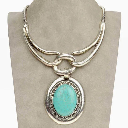 Luxury Necklace Ancient Silver Plated Natural Turquoise Stone Tribal Lady's Oversize Necklace