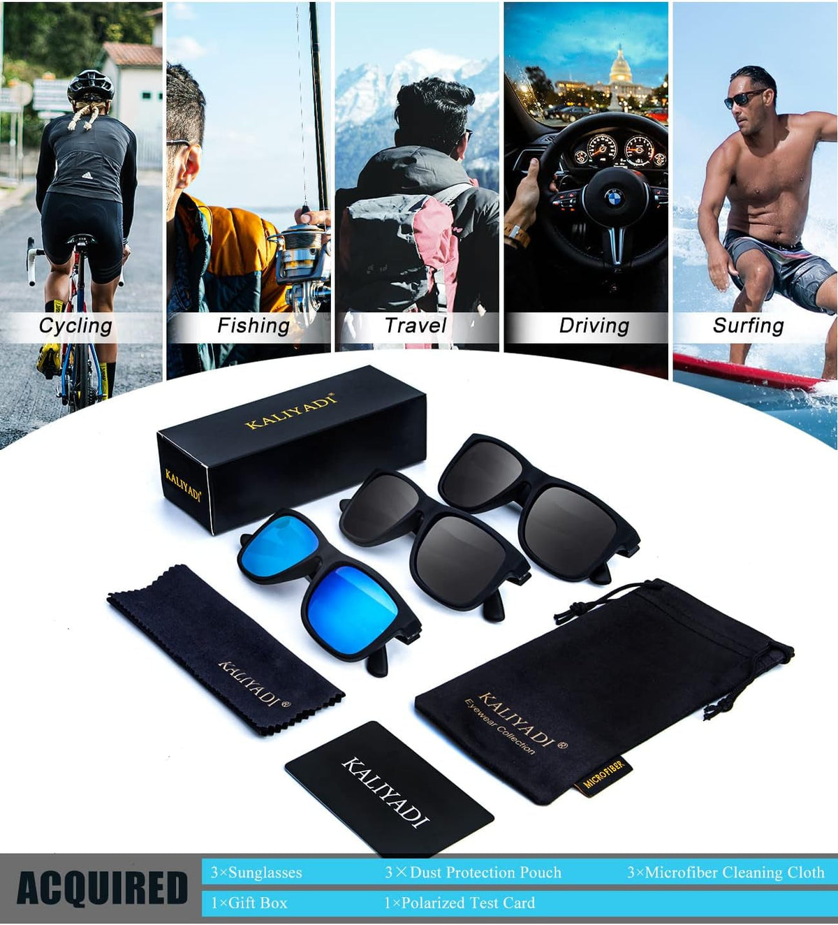 Sunglasses Men Polarized Sun Glasses for Mens Womens Classic Matte Black Frame UV Protection 3Pack