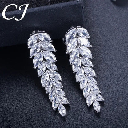 CANDICE New Paved Clear Marquise CZ Zirconia No Pierced Hole Clip On Earrings Stylish Long Leaf Eardrop Banquet Party Jewelry for Ladies