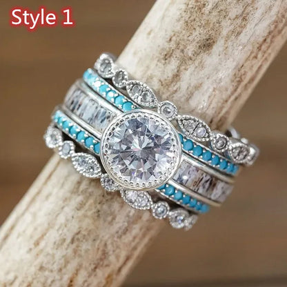 5Pcs/Set Exquisite Design Glamour Woman Fashion Jewelry Elegant Natural White Sapphire Diamond Turquoise Ring Wedding Engagement Anniversary Ring Size US4-11