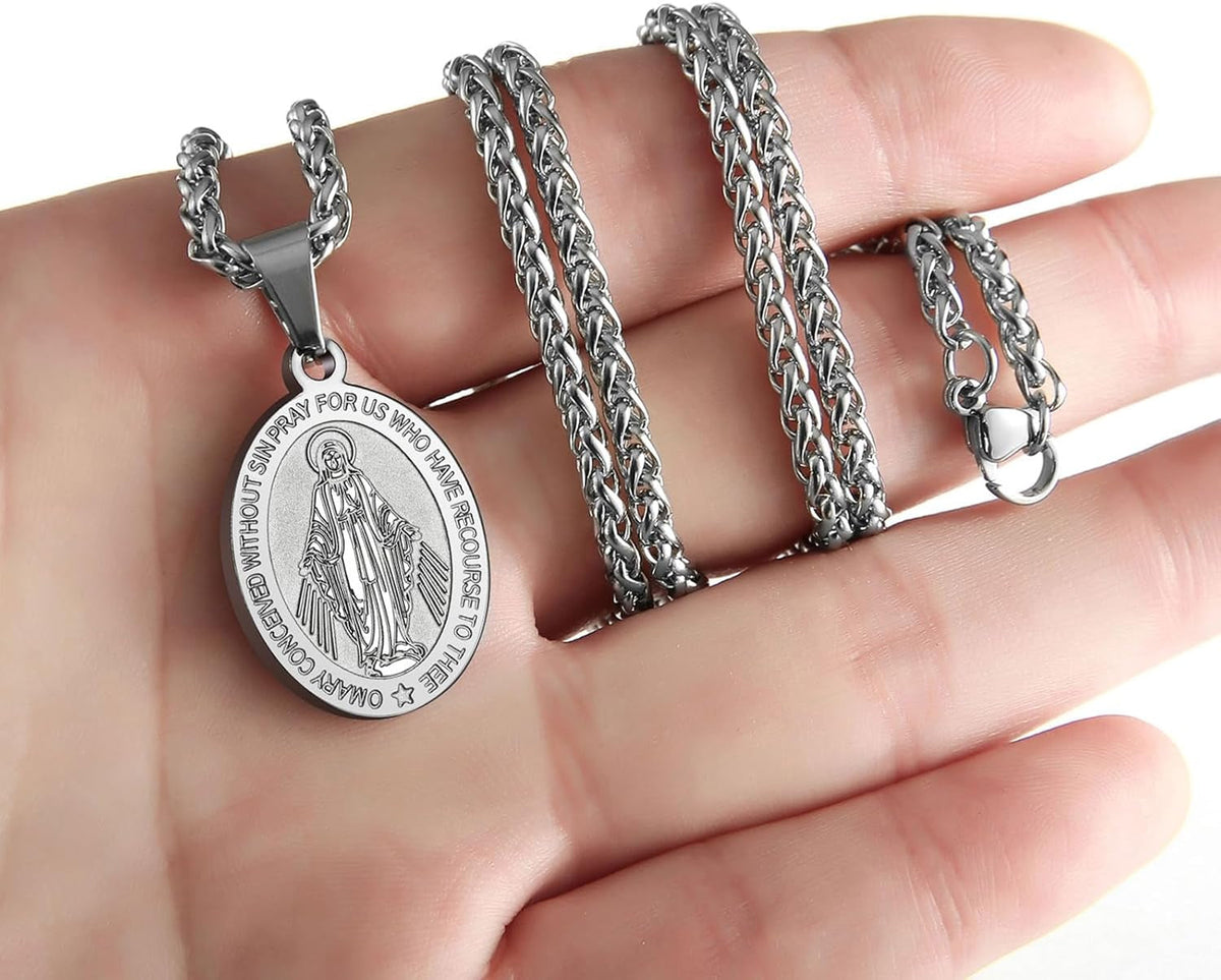 Virgin Mary Necklace for Men Boys Miraculous Medal Stainless Steel Mary Mother of God Pendant De La Virgen Maria Medallion Holy Mary Charm