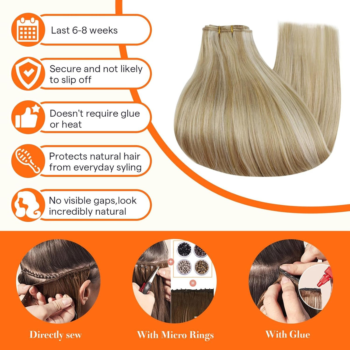 20 Inch Blonde Hair Extensions Real Human Hair Weft Extensions Color Dirty Blonde Mix Platinum Blonde Weft Hair Extensions Human Hair Sew in Hair Extensions Silky Soft Hair Weft 105G
