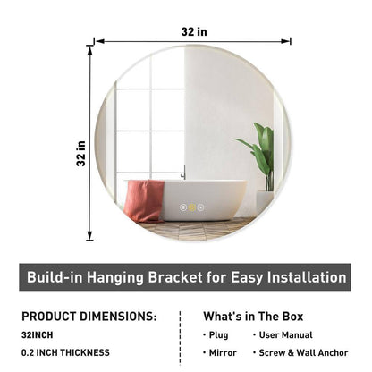 RS 32 In. W X 32 In. H round Beveled Edge 3 Colors Dimmable LED Anti-Fog Memory Wall Mount Bathroom Vanity Mirror