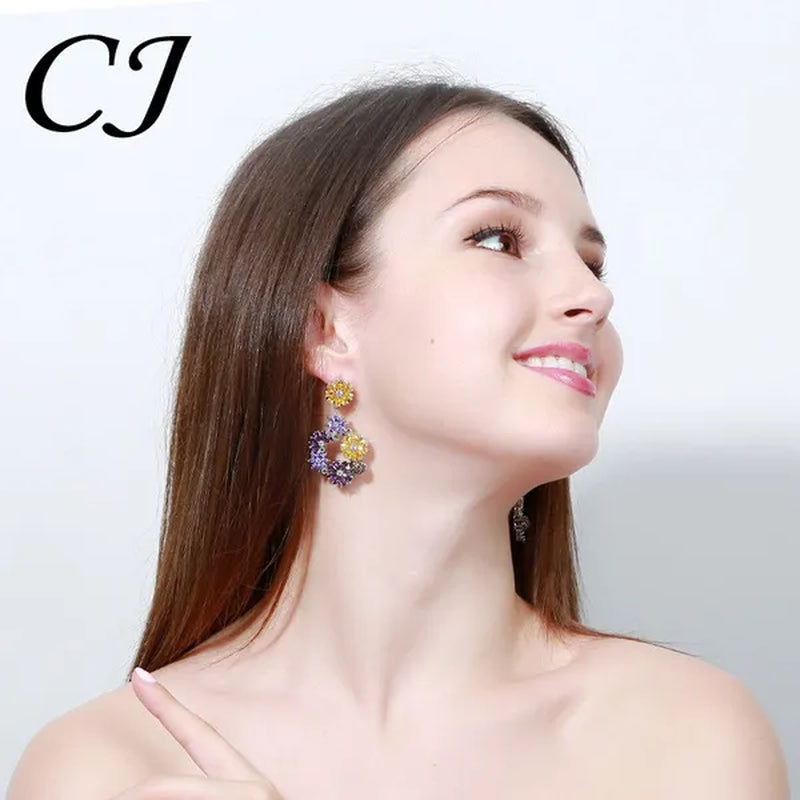 CANDICE Noble Purple Crystal Big Long Dropping Earrings Setting White Gold Plated Yellow Cubic Zirconia Graceful Floral Women Prom Party Jewelry With Sterling Silver Plated