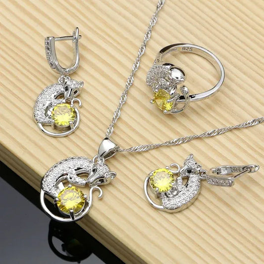 Women 925 Sterling Silver Bridal Jewelry Sets Yellow Topaz Charm Earring Necklace for Women Party Fox Shaped Ring Bracelet Set