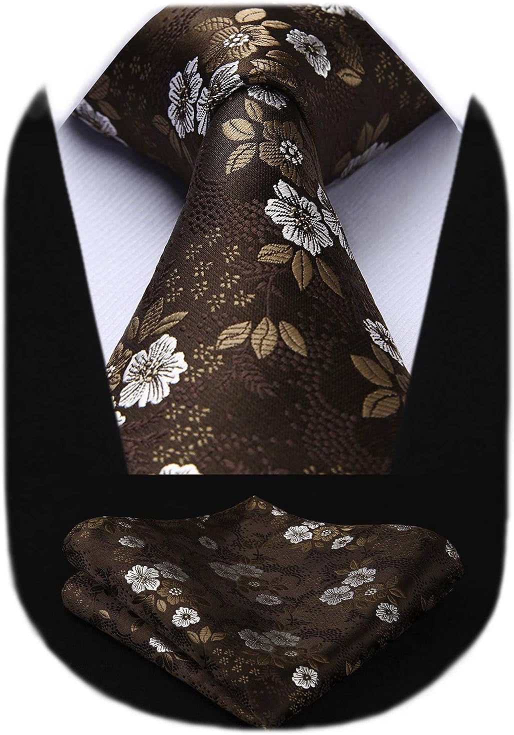Men Floral Ties Woven Classic 3.4" Necktie Set Formal Tie Pocket Square for Wedding with Handkerchief Gift Box