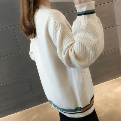 New Fashion Pull Femme Autumn and Winter Wool Pure Cashmere Sweater Cardigan Pullovers Long Sleeve Women Striped Stitching Color Knitted Cardigans Pullover Damen Jumper Outwear Coat
