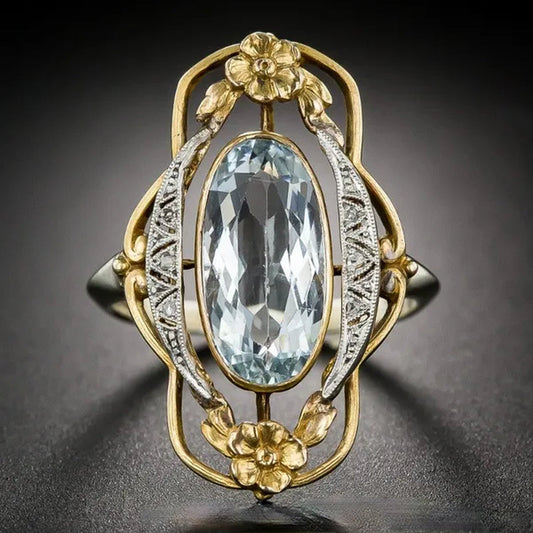 Vintage Noble Environmental Gold Plated Flower Hollow Oval Cut Sea Blue Gemstone CZ Ring for Women Unique Wedding Engagement Jewelry Gift