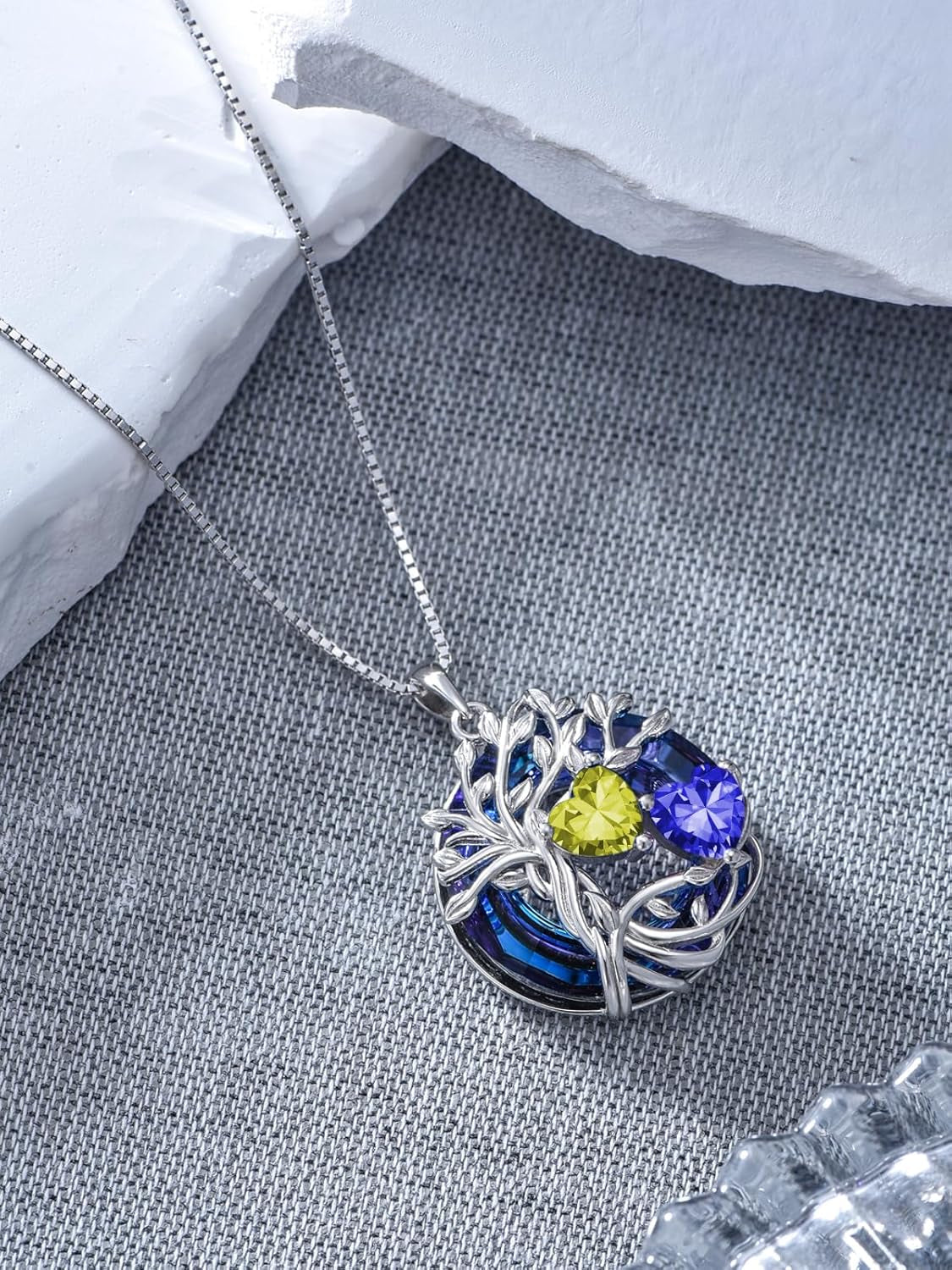 Mothers Day Gifts for Women 925 Sterling Silver Family Tree of Life Pendant Necklaces with 2 Heart Birthstone with Blue round Austrian Crystal Jewelry Birthday Anniversary Christmas Gifts for Her Wife Girlfriend Mom (18K Real White Gold Filled)