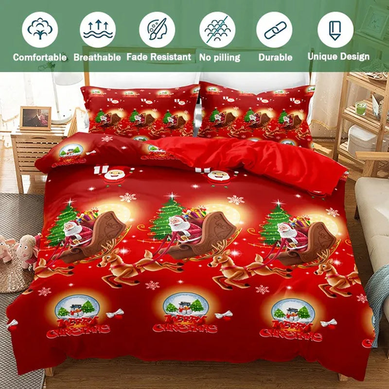 3Pcs/Set Christmas Duvet Cover Pillowcase Set,Christmas Holiday Decorative Comforter Cover Set Red with Christmas Reindeer and Snowflake Patterns Pillowcase (Quilt, pillow heart not included)